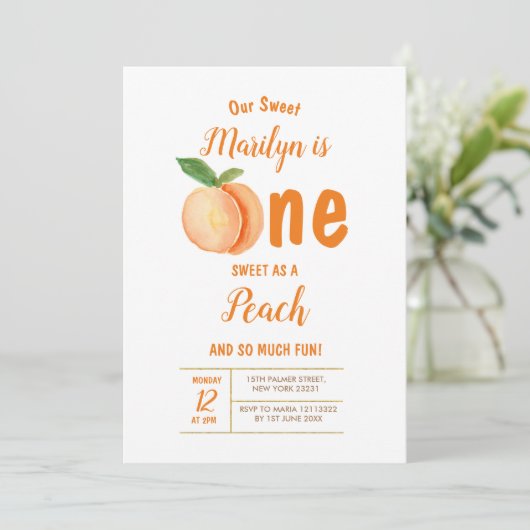 Sweet One Peach First Birthday Uitnodiging (Staand voorkant)