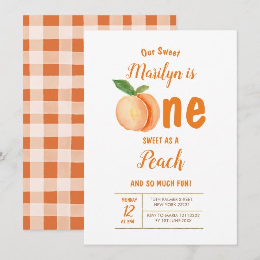 Sweet One Peach First Birthday Uitnodiging (Voorkant / Achterkant)