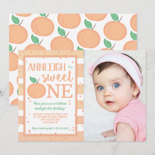 Sweet One Peach Theme Girls First Birthday Kaart (Voorkant / Achterkant)