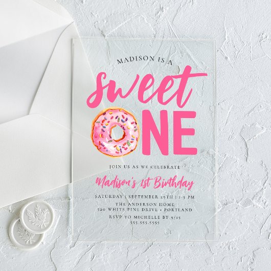 Sweet One Pink Donut 1st verjaardag Acryl Uitnodigingen