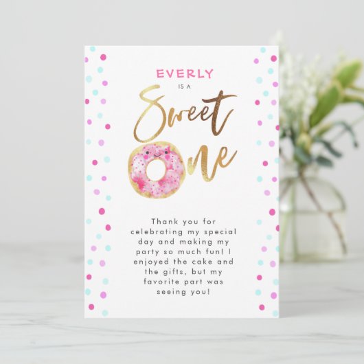 Sweet One Pink Donut Birthday Party Bedankkaart (Staand voorkant)