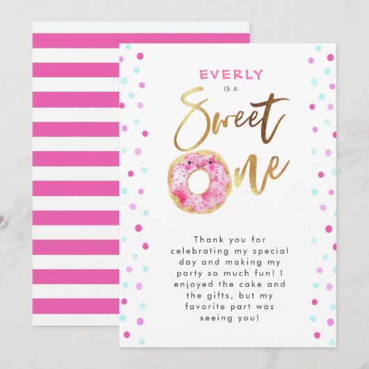 Sweet One Pink Donut Birthday Party Bedankkaart (Voorkant / Achterkant)