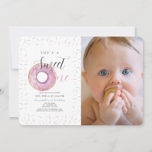 Sweet One Pink Donut Girl Foto 1e verjaardag Kaart (Voorkant)
