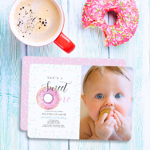 Sweet One Pink Donut Girl Foto 1e verjaardag Kaart