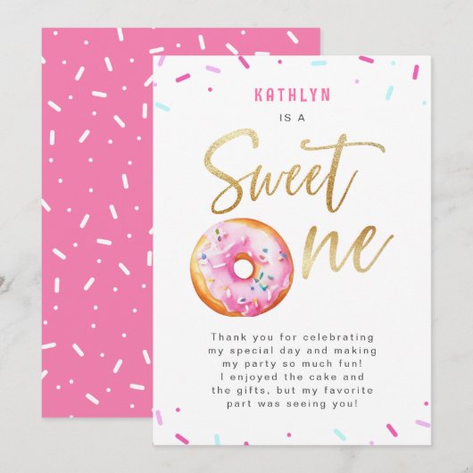 Sweet One Pink Gold Donut Sprinkles Eerste Verjaar Bedankkaart (Voorkant / Achterkant)