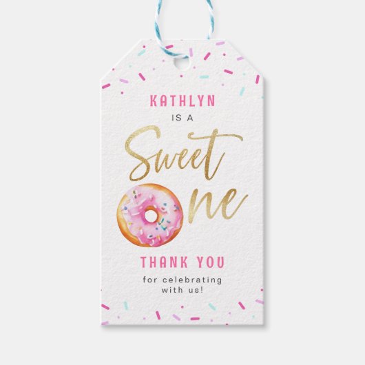 Sweet One Pink Gold Donut Sprinkles Meisje Verjaar Cadeaulabel (Voorkant)