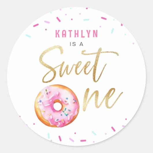 Sweet One Pink Gold Donut Sprinkles Meisje Verjaar Ronde Sticker (Voorkant)