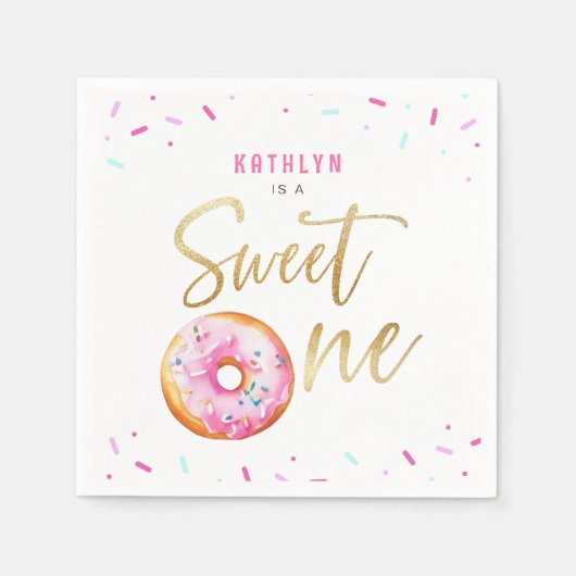 Sweet One Pink Gold Donut Sprinkles Meisje Verjaar Servet (Voorkant)
