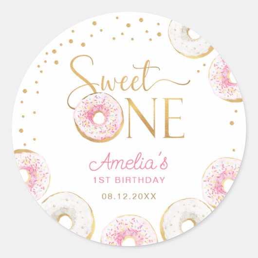 Sweet One Pink Gold Donuts Verjaardag Ronde Sticker (Voorkant)
