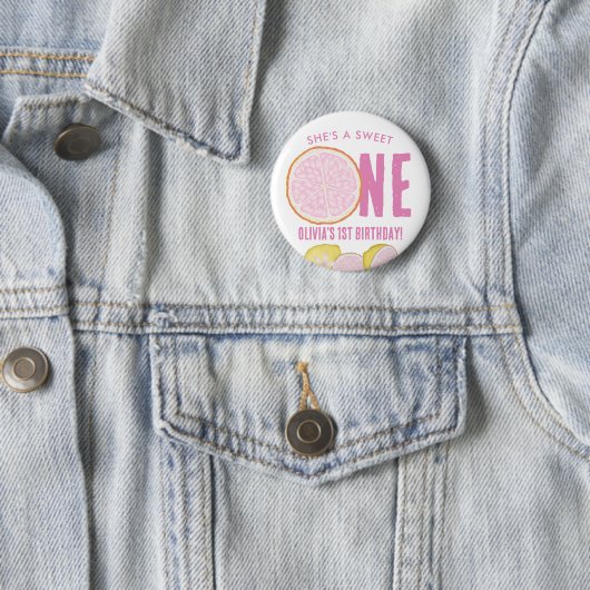 Sweet One Pink Lemon verjaardagsfeestje Button (In situ)
