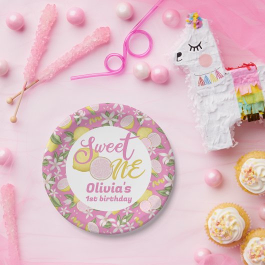 Sweet One Pink Lemon Verjaardagsfeestje Papier Bor Papieren Bordje (Feest)