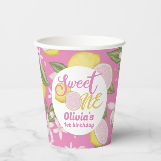 Sweet One Pink Lemon Verjaardagsfeestje Papieren k Papieren Bekers (Voorkant)