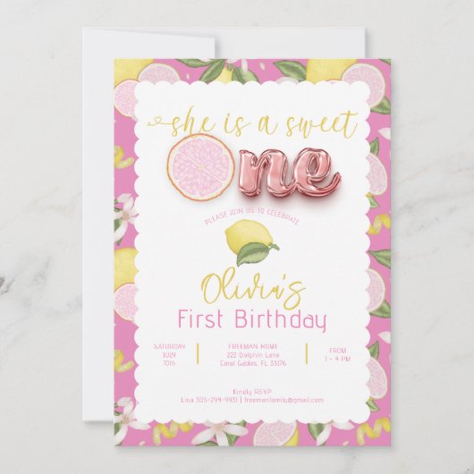 Sweet One Pink Lemonade 1e verjaardag Uitnodigen Kaart (Voorkant)