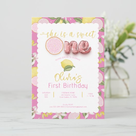 Sweet One Pink Lemonade 1e verjaardag Uitnodigen Kaart (Staand voorkant)