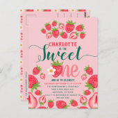 Sweet One Pink Strawberry 1st Birthday Uitnodiging (Voorkant / Achterkant)