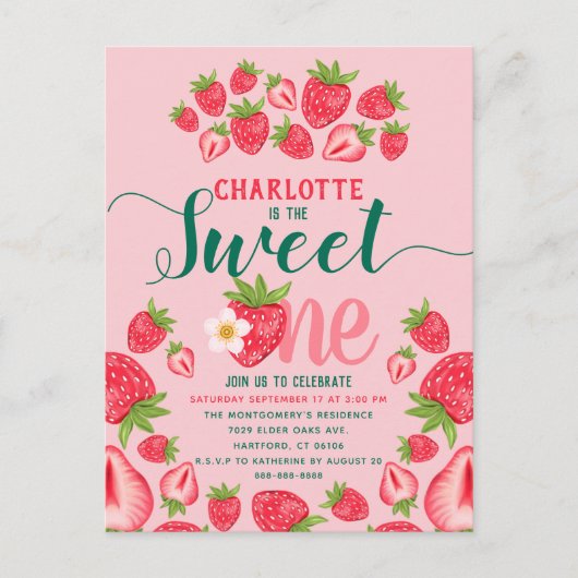 Sweet One Pink Strawberry 1st Birthday Uitnodiging (Voorkant)