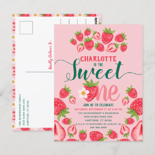 Sweet One Pink Strawberry Cute 1st Birthday Party Briefkaart