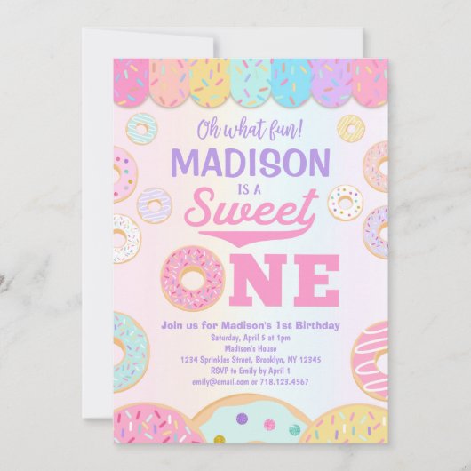 Sweet ONE Regenboog Donut 1e Verjaardag uitnodigin Kaart (Voorkant)