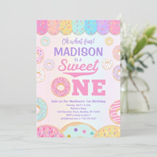 Sweet ONE Regenboog Donut 1e Verjaardag uitnodigin Kaart (Staand voorkant)