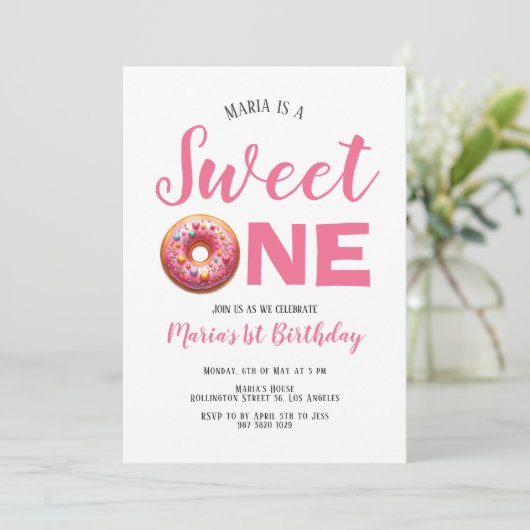 Sweet One Roze Donut 1e Verjaardag uitnodiging (Staand voorkant)