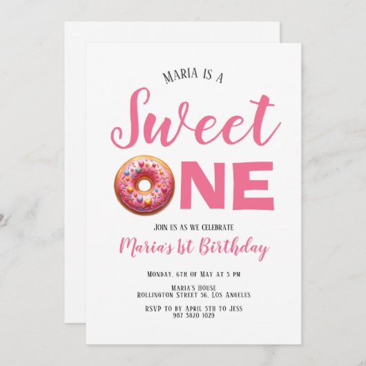 Sweet One Roze Donut 1e Verjaardag uitnodiging (Voorkant / Achterkant)
