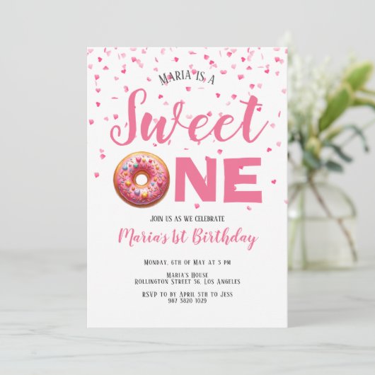 Sweet One Roze Donut Confetti 1e Verjaardag Kaart (Staand voorkant)