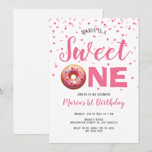 Sweet One Roze Donut Confetti 1e Verjaardag Kaart (Voorkant / Achterkant)