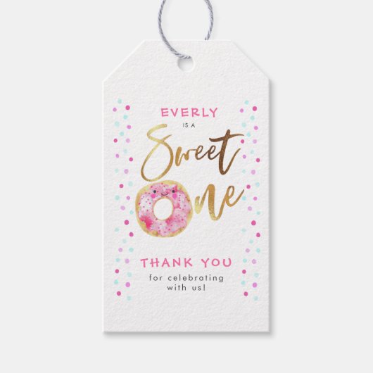 Sweet One Roze Donut Verjaardagsfeestje Cadeau Lab Cadeaulabel (Voorkant)