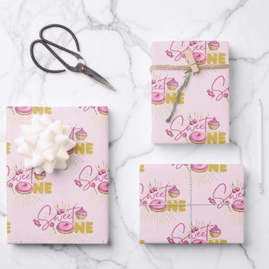 Sweet One Roze Faux Gouden Glitter Desserts Snoepj Inpakpapier Vel (Voorkant)