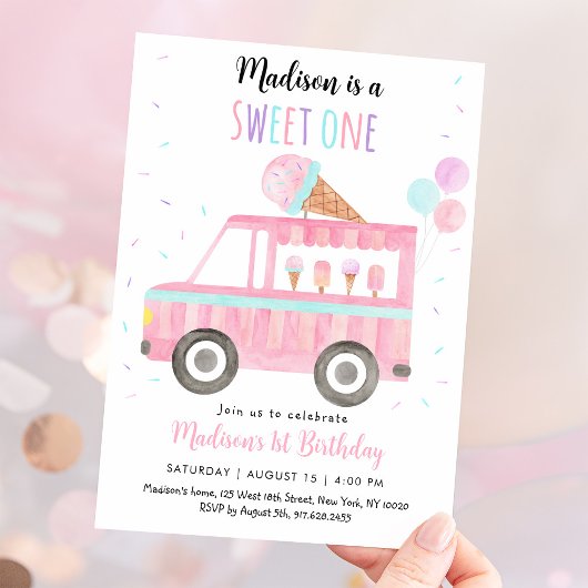 Sweet One Roze Ice Cream Truck Verjaardag Kaart
