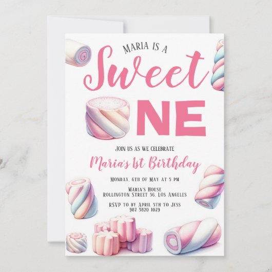 Sweet One Roze Marshmallow 1e Verjaardag Uitnodigi Kaart (Voorkant)