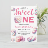 Sweet One Roze Marshmallow 1e Verjaardag Uitnodigi Kaart (Staand voorkant)
