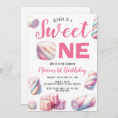 Sweet One Roze Marshmallow 1e Verjaardag Uitnodigi Kaart (Voorkant / Achterkant)