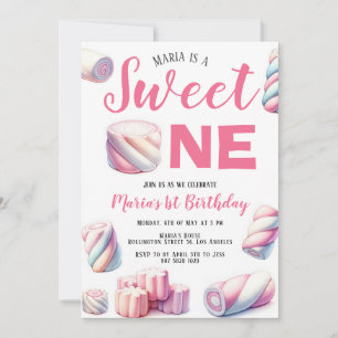 Sweet One Roze Marshmallow 1e Verjaardag Uitnodigi Kaart