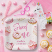 Sweet One Roze Schattige Donuts Meisje 1e Verjaard Papieren Bordje (Feest)