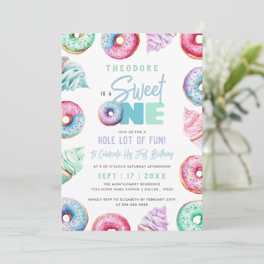 Sweet One Schattige Doughnuts Boy 1e verjaardagsfe Kaart (Staand voorkant)