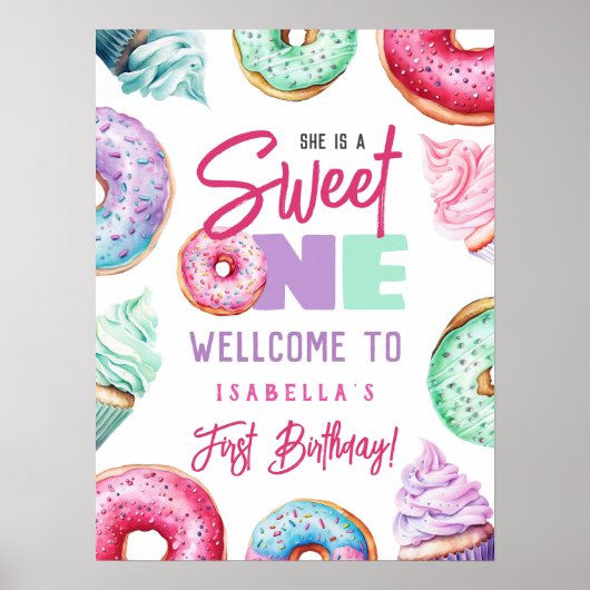 Sweet One Schattigee donuts meisje 1e verjaardag w Poster (Voorkant)