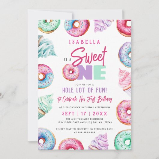 Sweet One Schattigee Doughnuts Meisje 1e verjaarda Kaart (Voorkant)