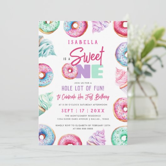 Sweet One Schattigee Doughnuts Meisje 1e verjaarda Kaart (Staand voorkant)