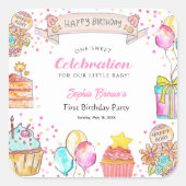 Sweet One Theme girl's 1st Birthday Pink Vierkante Sticker (Voorkant)
