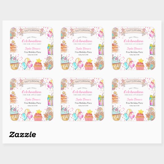 Sweet One Theme girl's 1st Birthday Pink Vierkante Sticker (Vel)