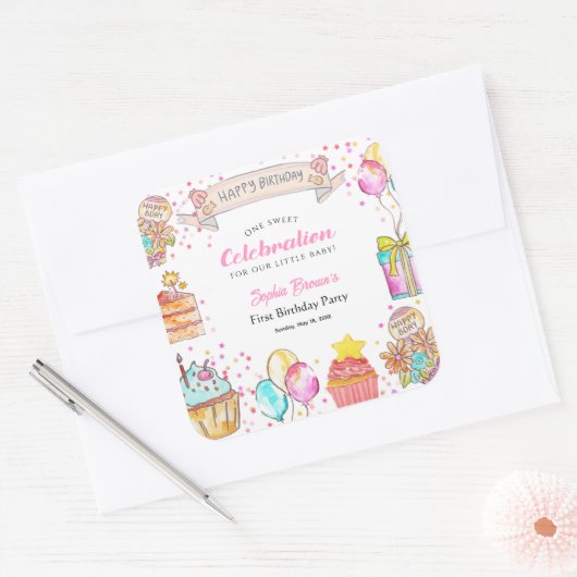 Sweet One Theme girl's 1st Birthday Pink Vierkante Sticker (Envelop)