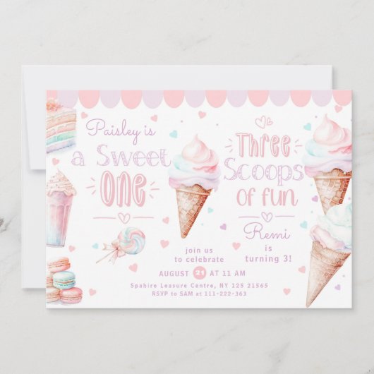  Sweet One Three Schoops of Fun joint Birthday Kaart (Voorkant)