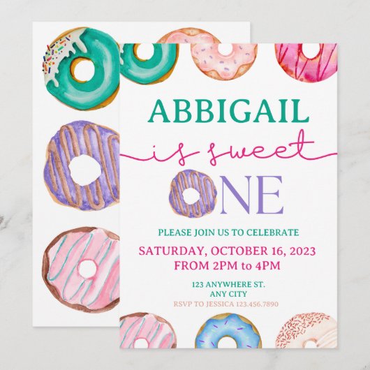 Sweet One waterverf donuts 1e verjaardag Kaart (Voorkant / Achterkant)