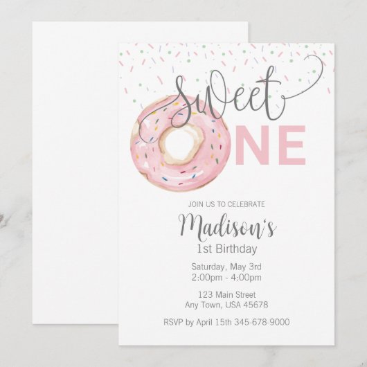 Sweet One Waterverf Girl's 1e Invitation Kaart (Voorkant / Achterkant)