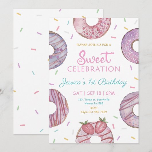 Sweet One waterverf schattige donuts 1 verjaardag Kaart (Voorkant / Achterkant)