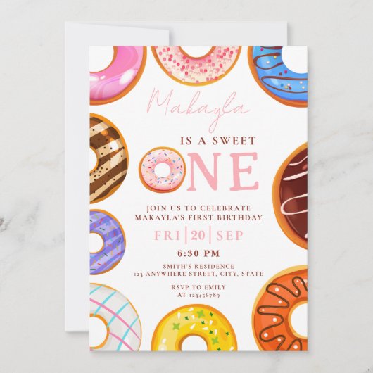 Sweet One waterverf schattige donuts 1e chique ver Kaart (Voorkant)