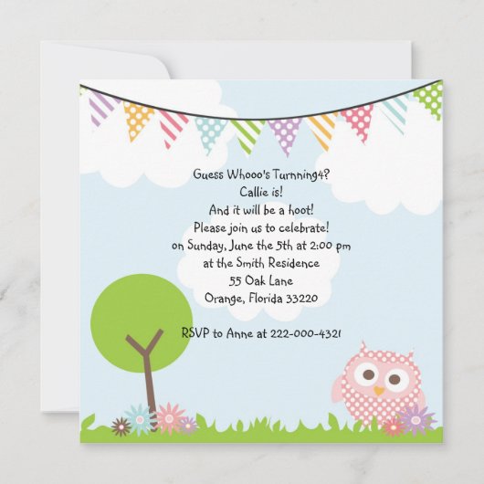 Sweet Owl Birthday Party Invitation Kaart (Voorkant)
