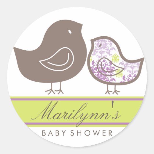 Sweet Paarse Damask Chicks Baby shower Sticker (Voorkant)