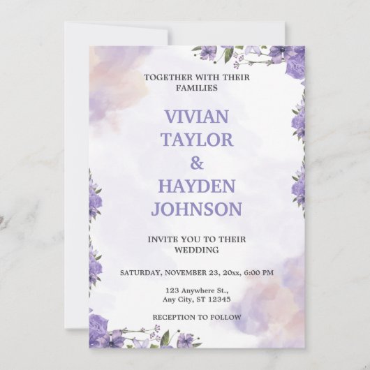 Sweet Paarse Floral huwelijksuitnodiging Kaart (Voorkant)
